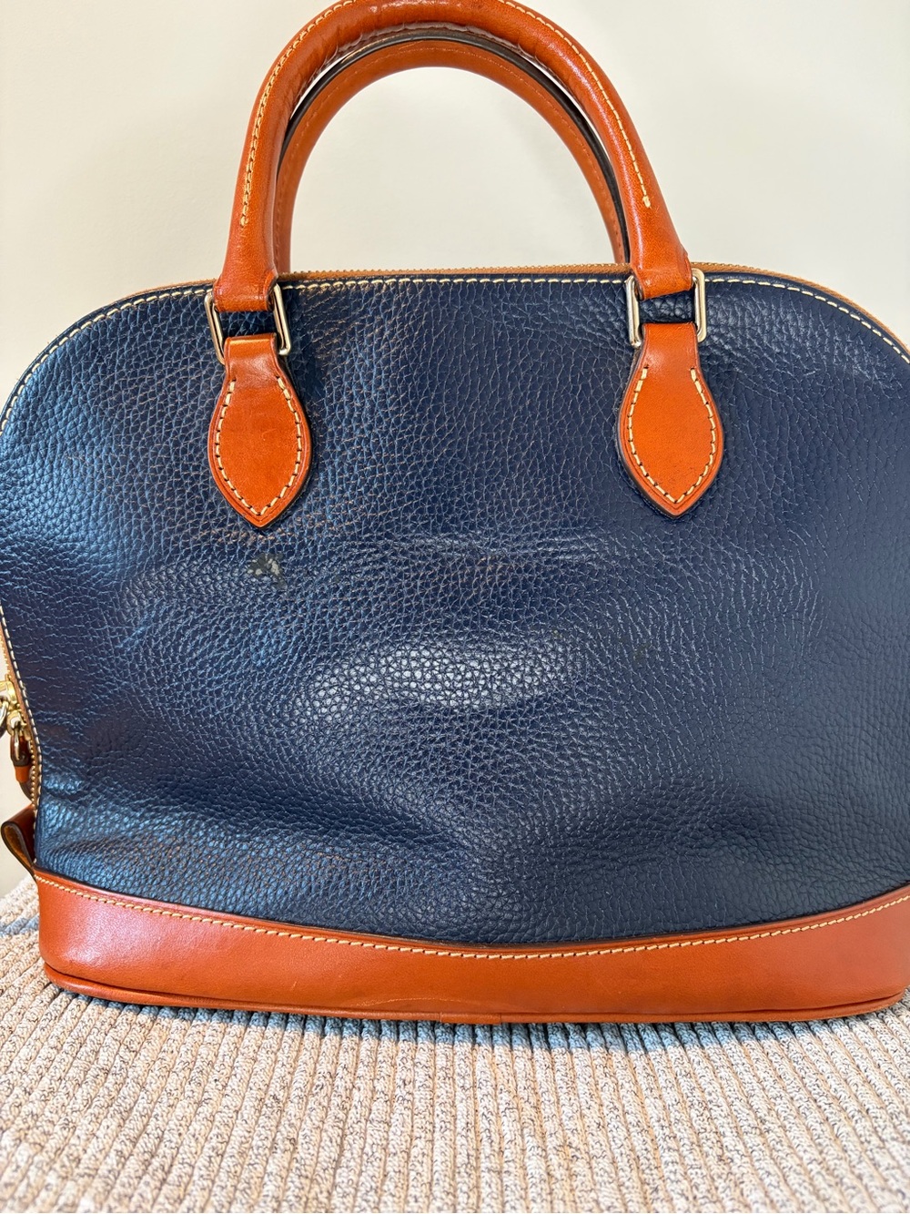 Dooney & Bourke Pebbled Leather Dome Satchel Bag Navy Blue/Brown Trim - Picture 3 of 15